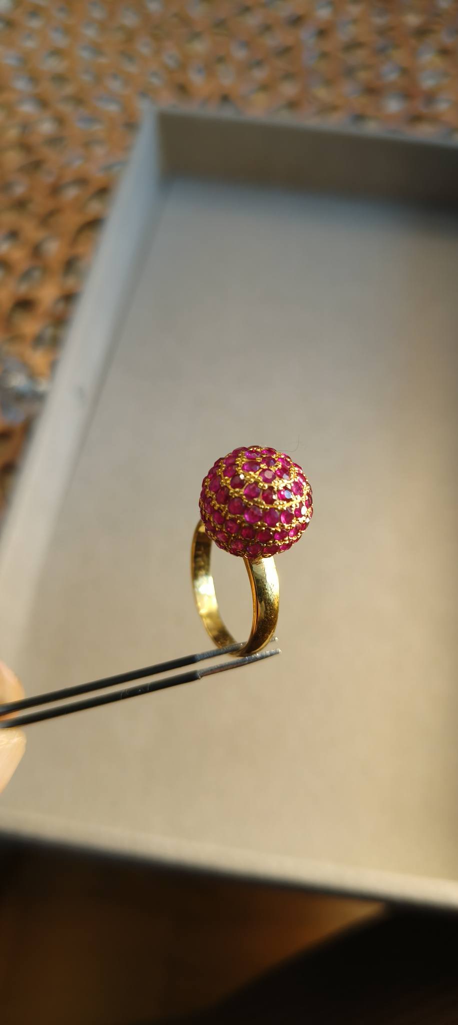 Bright Red Burmese Mogok Ruby earrings, ring, and pendant