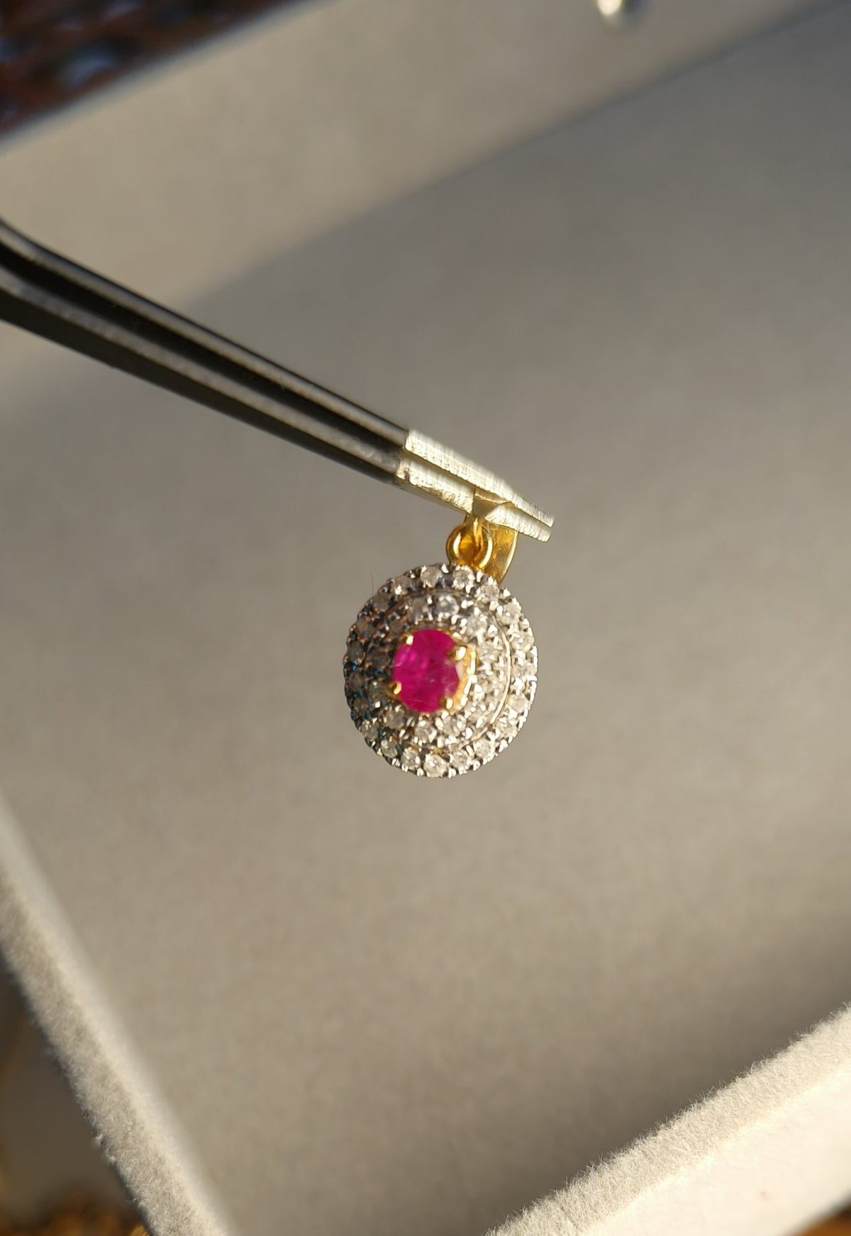 Ruby Pendant with Two Rows of Diamonds
