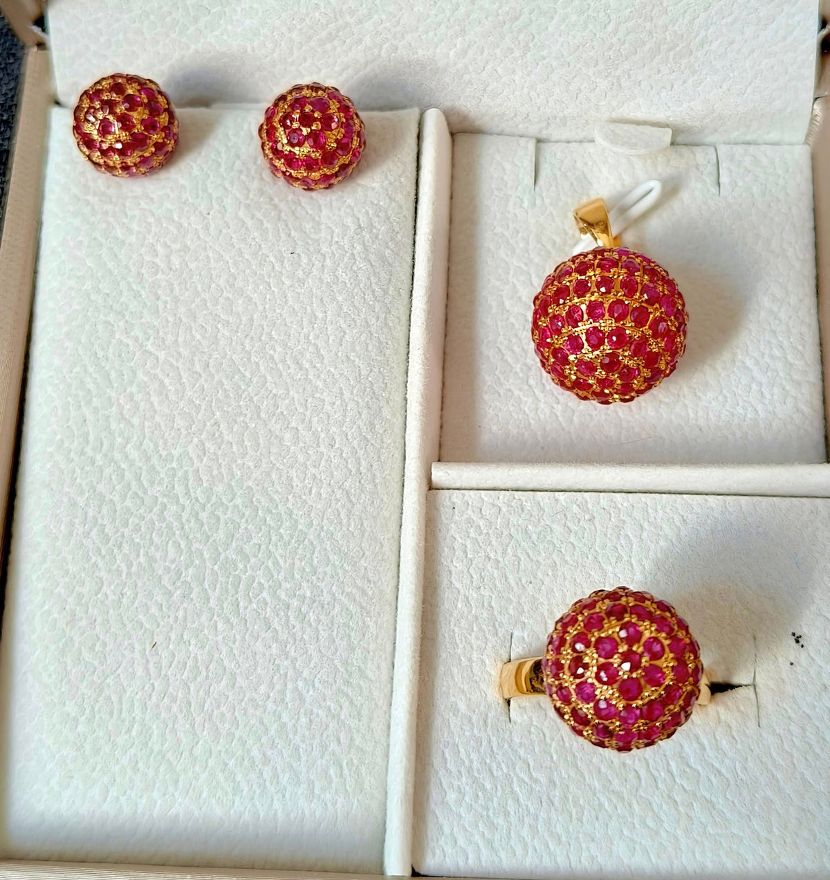 Bright Red Burmese Mogok Ruby earrings, ring, and pendant